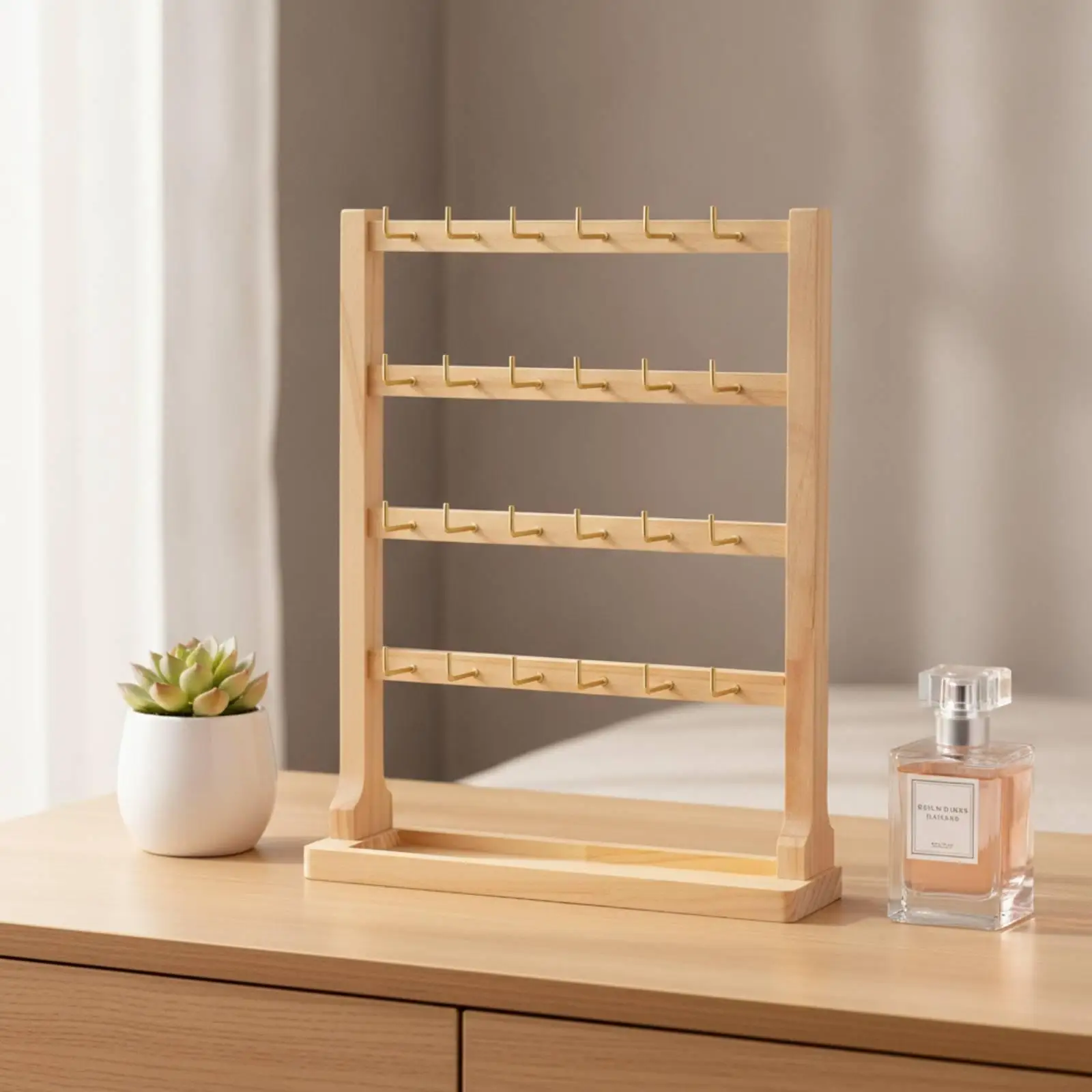 Space Saving Solid Wood Jewelry Display Rack for Earrings Necklaces Bracelets Vanity Counter Organizer