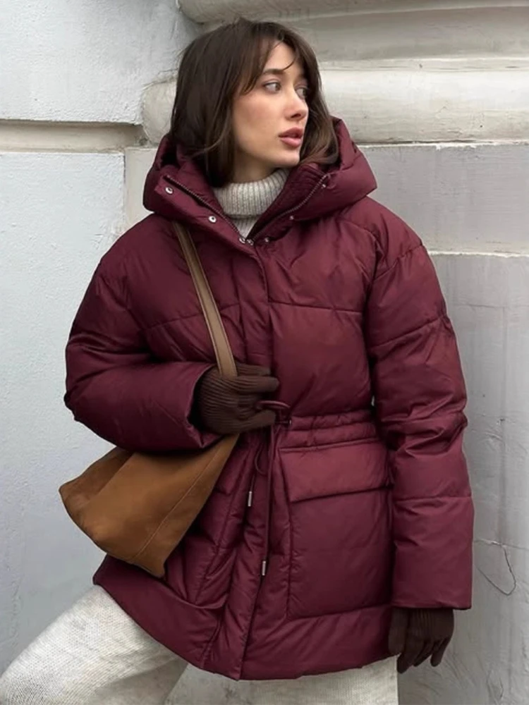 Drawstring Waist Warm Pocket and Stand-Up Collar Long Sleeves Parker Coat Leisure Women's Hooded Parker Coat