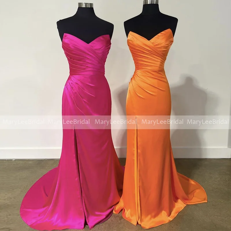 Strapless Orange Mermaid Bridesmaid Dresses with Slit Pleated Satin Fuchsia Wedding Party Dress Customized Bride Maids Gown Robe