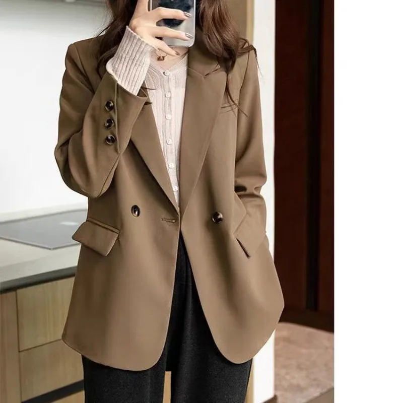 Women Chic Double Breasted Blazer Casual Loose Solid Color Suit Jacket Elegant Streetwear Office Outerwear