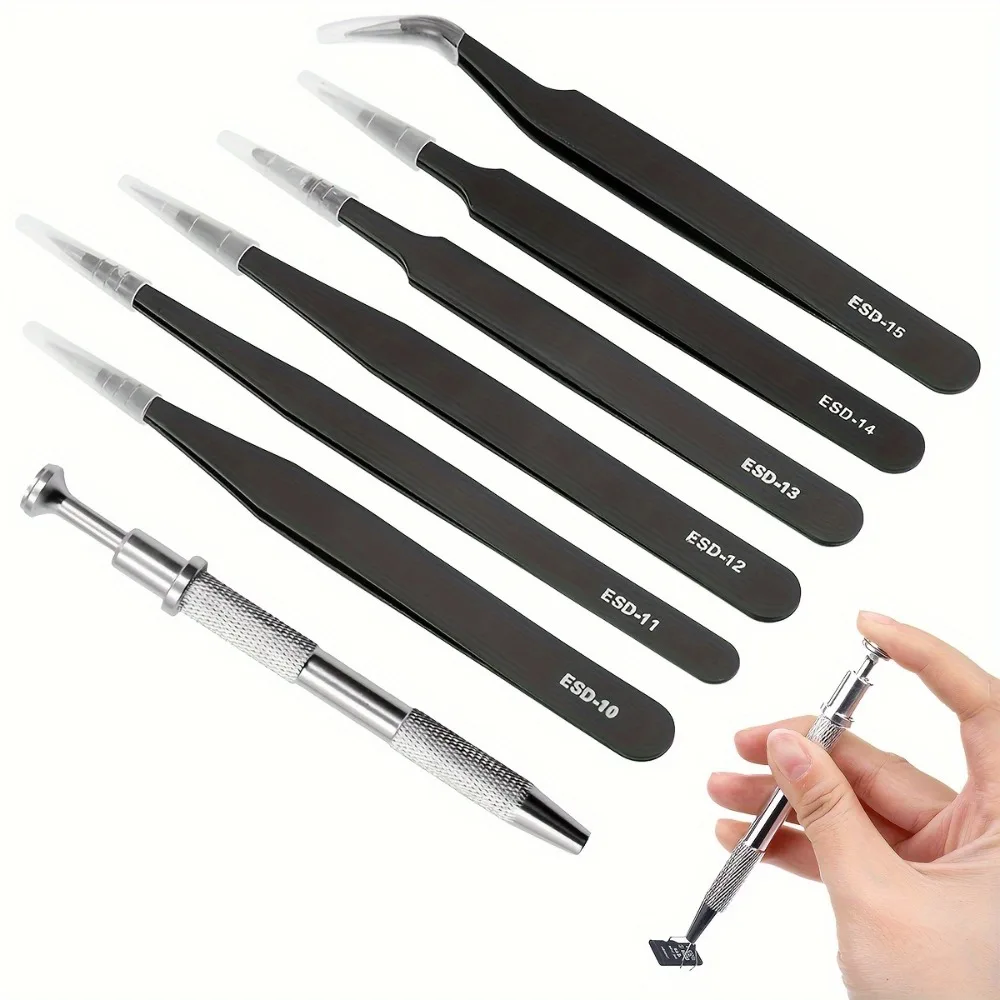 AntiStatic ESD Precision Tweezers Kit, 6Pcs Tweezers with 4Claw Pickup Grabber Tool for Electronic Repair Jewelry Making