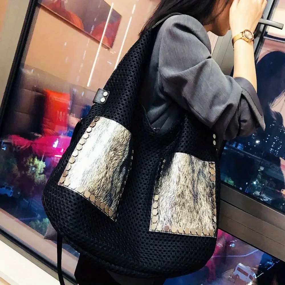 Women's fashionable retro mesh patchwork cowhide tote bag with large capacity single shoulder crossbody carrying bag
