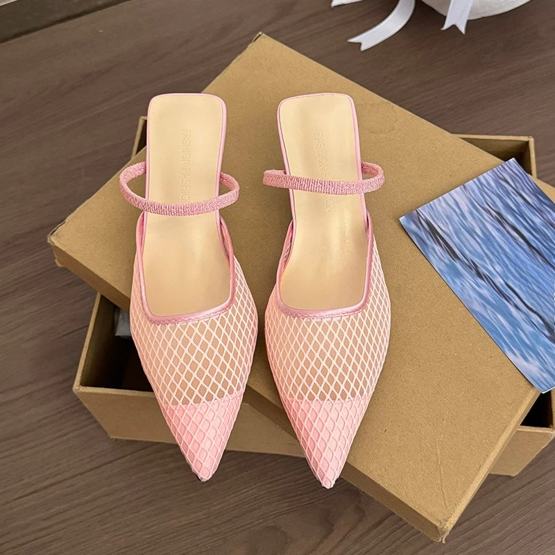 2026 Summer Fashion Elegant Sandals Hollow Out Mesh Women New Slippers Pointed Toe Sandals Sexy Slingback High Heels Shoes Women