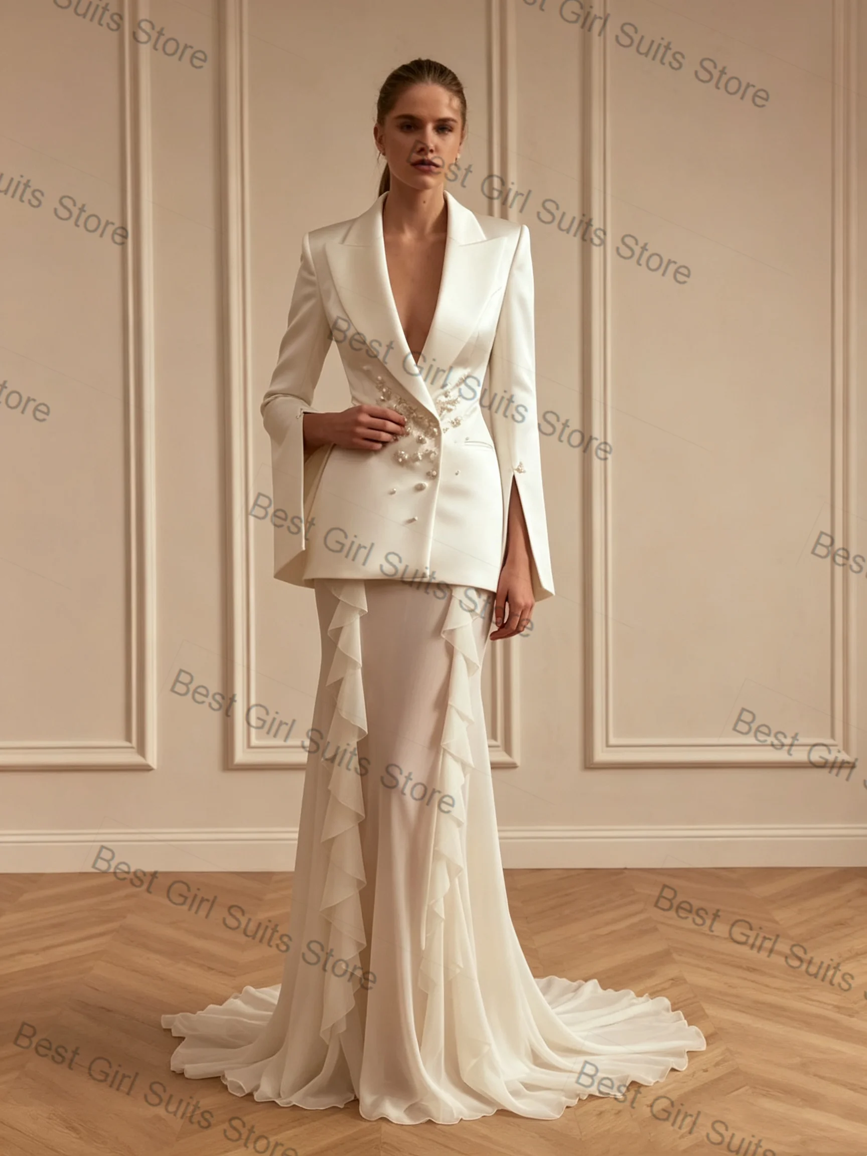 White Satin Women Suit Set 2 Pcs Crystals Blazer Prom Dress Summer Spring Formal Office Lady Jacket Customized Wedding Coat