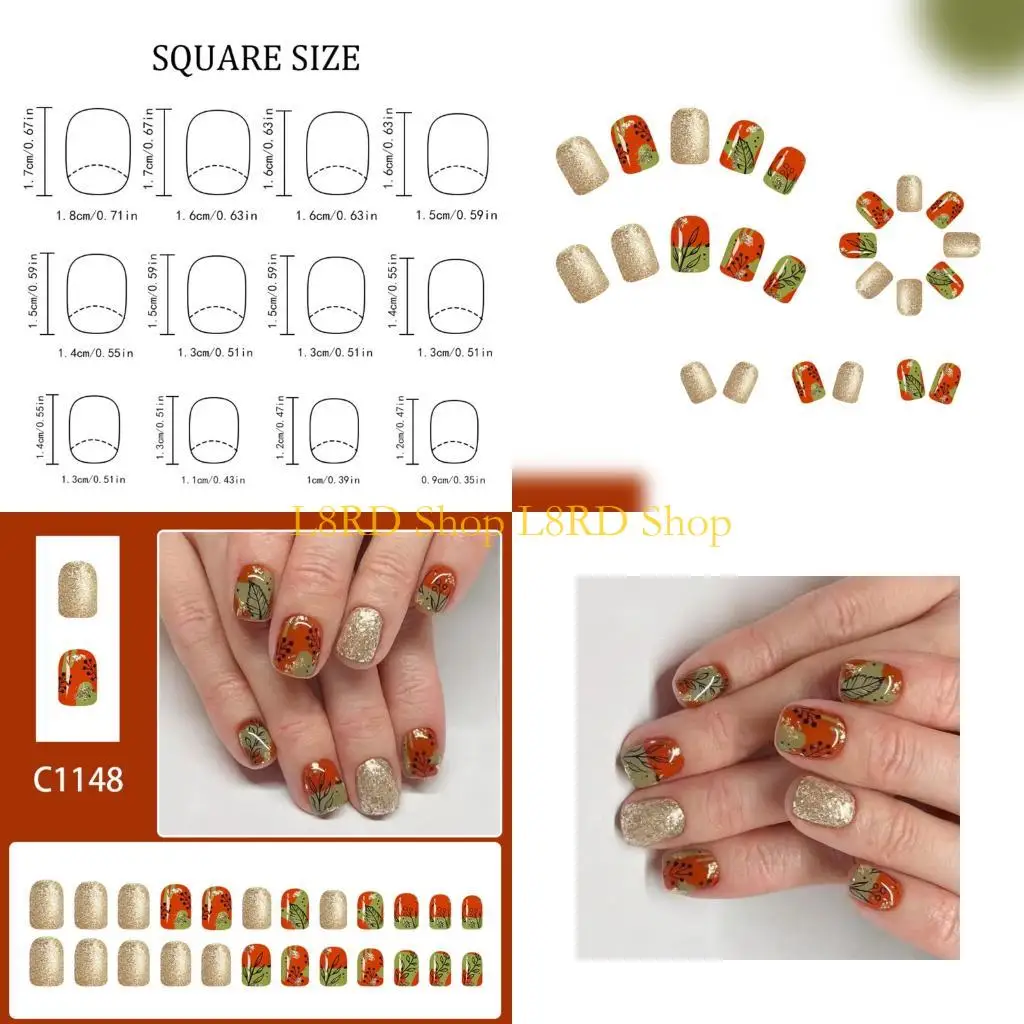L8RD Autumn Inspired Press On With Red Brown Glitters Tips Durability Plastic Artificial For Daily Wear NonToxic