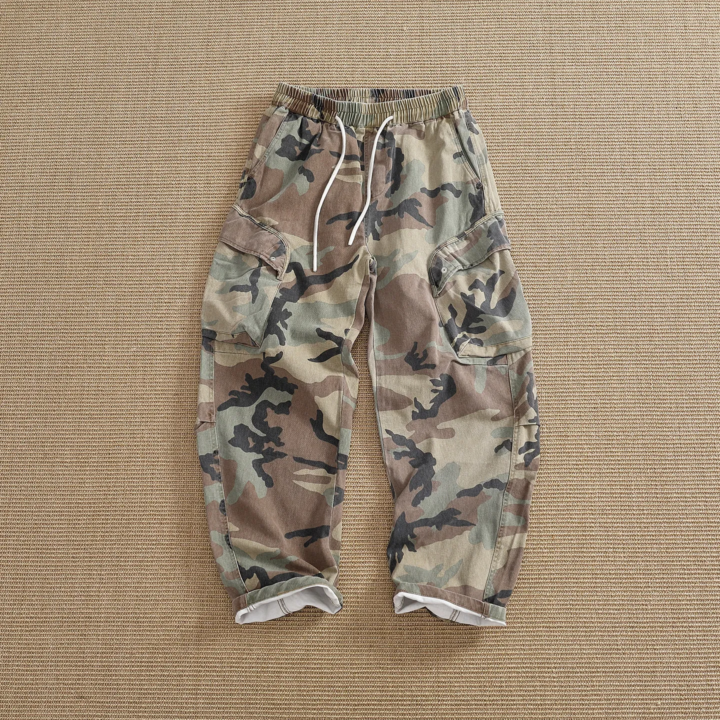 100% cotton washed overalls men's three-dimensional large pockets drawstring adjustable loose straight casual pants