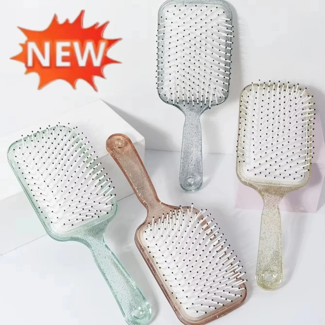Glitter Transparent Paddle Air Cushion Hair Brush Round Tip Nylon Bristle Massage Hairbrush AntiStatic Detangling Comb for Th
