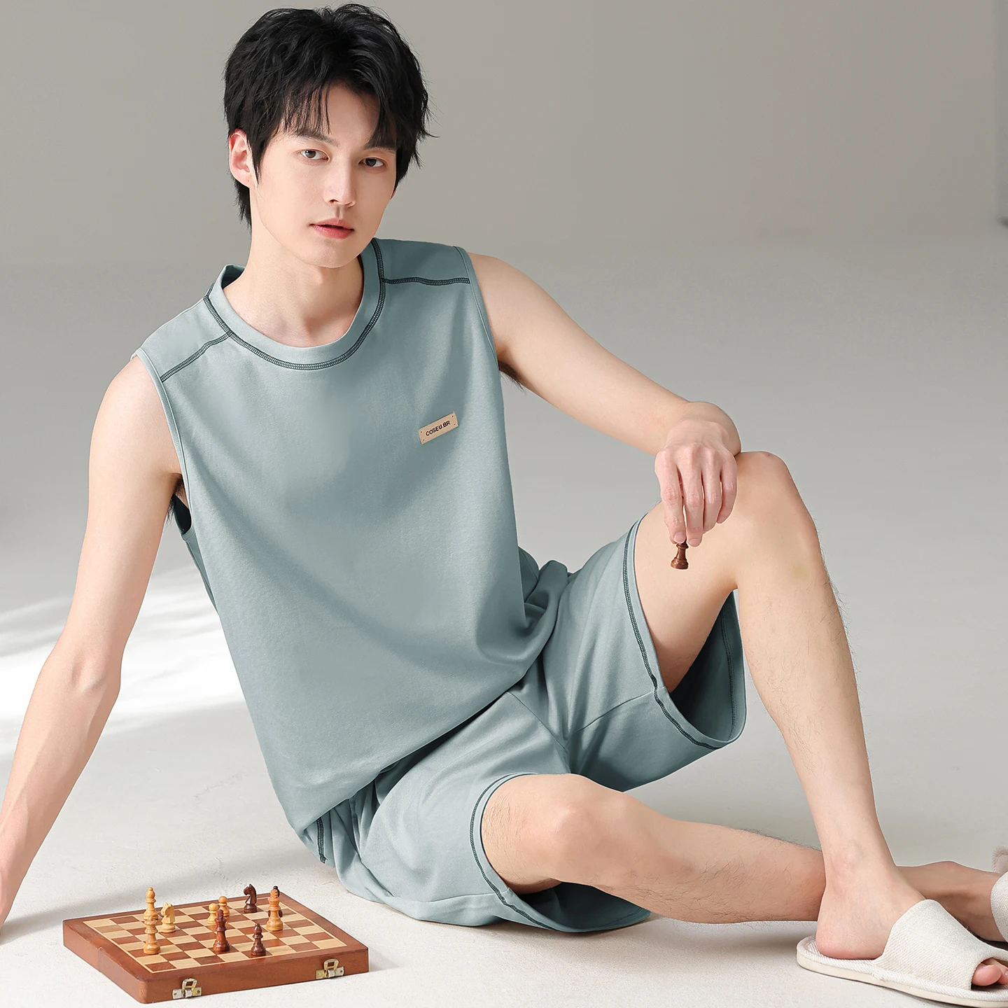 Summer Cotton Men Pajamas Set Round Neck Loose Soft Casual Male Vest Sleepwear Sleeveless Mens Pyjamas L-7XL