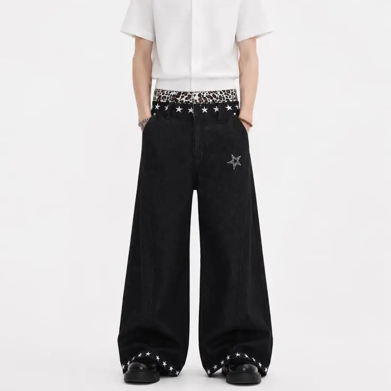 Men's Leopard Print Patchwork Jeans Black Denim Pants High Waisted Wide Leg Casual Baggy Y2k Trousers
