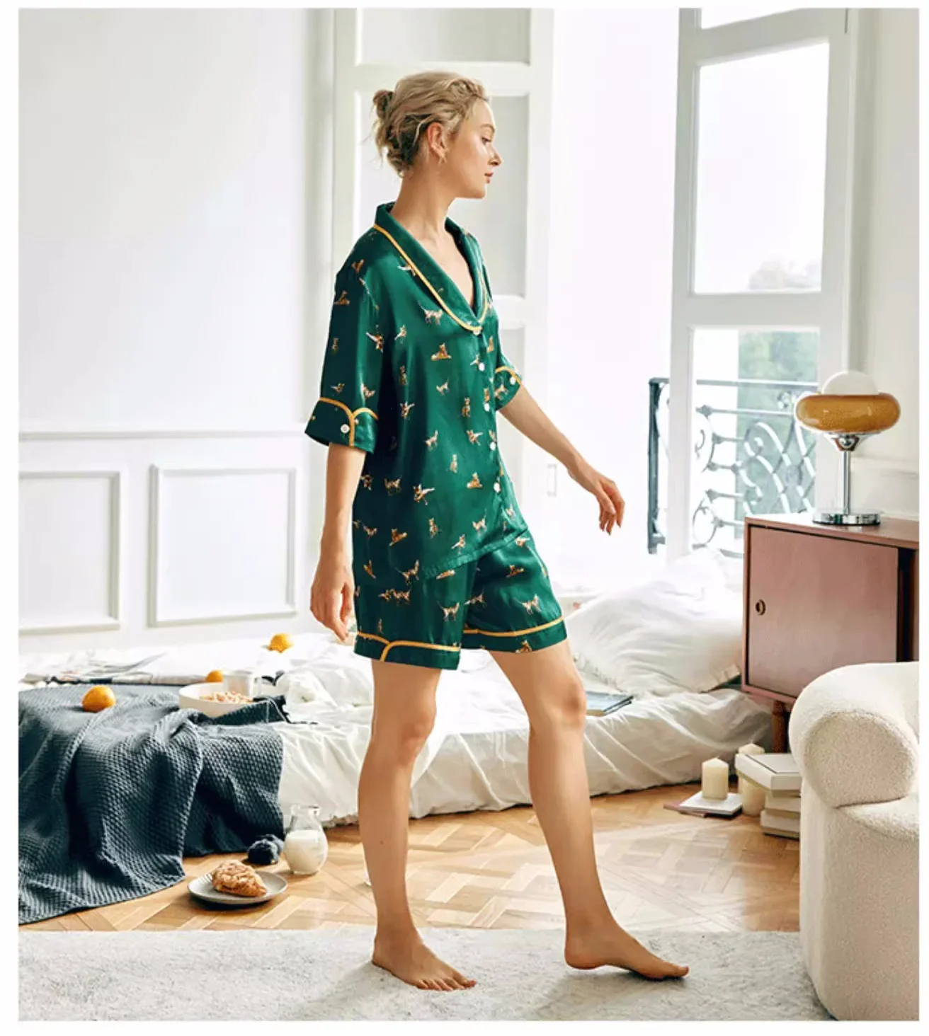 Printed 100% Real Silk Summer Pajamas Homewear 2 Piece Women Short Sleeve Top Shorts Cute Pajama Casual Home Clothing Nightwear