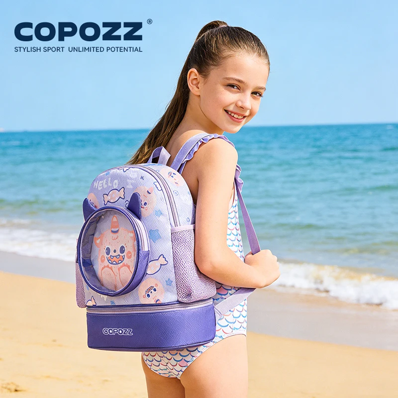 COPOZZ Kids Swimming Bag Zipper Backpack with Shoes Compartment Dry-Wet Separation Boys Girls Surfing Bag for Beach Water Park
