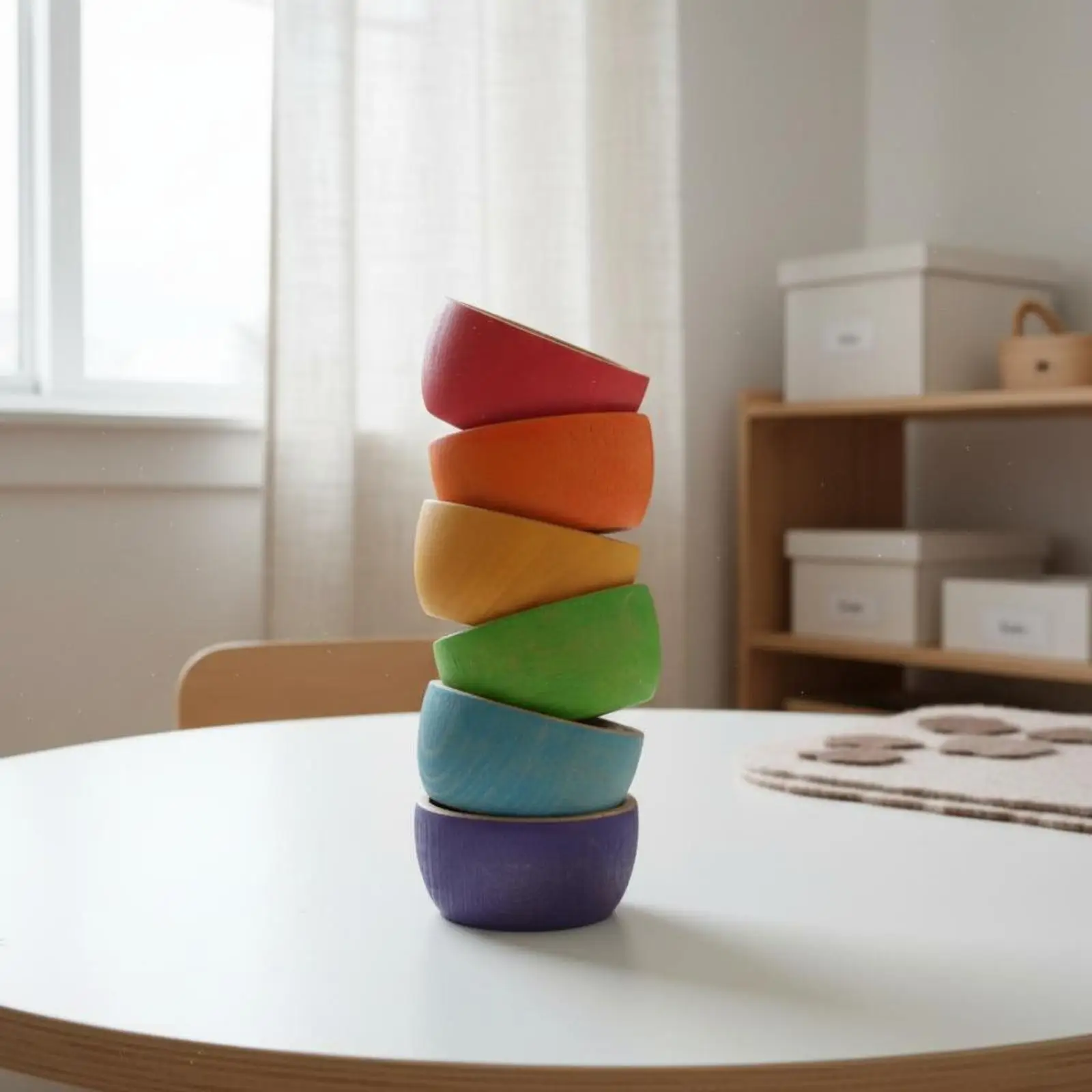 Beech Wood Children Stacking Bowl Painted Rainbow Miniature Bowls Unique Kitchen Snack Set for Kids Display