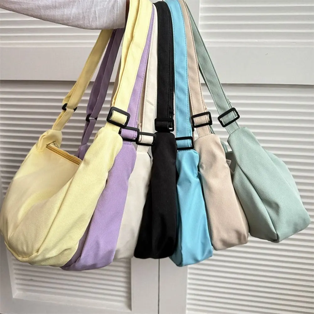 Korean Style Lightweight Shoulder Bag Cream Color Large Capacity Canvas Bag with Pendant Solid Color Messenger Bag