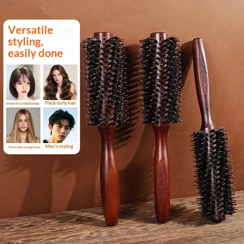 Wood Handle Boar Bristles Round Brush Tail Professional Barber Salon Hairdressing Hair Brush Home Blow Dry Curling Volume Comb