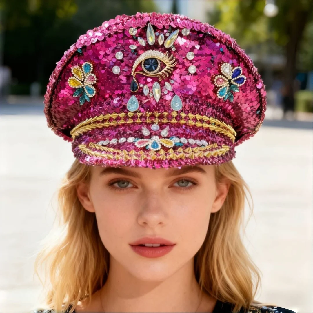 Steampunk Captain Hat Rhinestone for Music Festival, Halloween, Disco, Burning Man, Vintage Military Cap for Men & Women