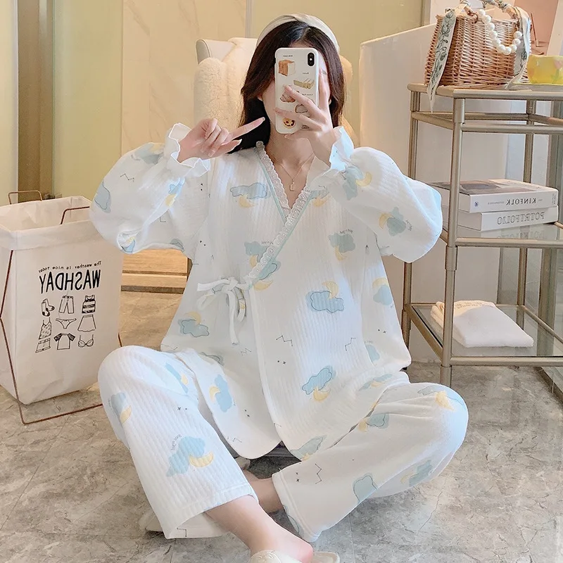 Loose Cardigan + Trousers Postpartum Lactation Set Cotton Breastfeeding Pajamas Long Sleeve Nursing Tops + Maternity Pants Suit