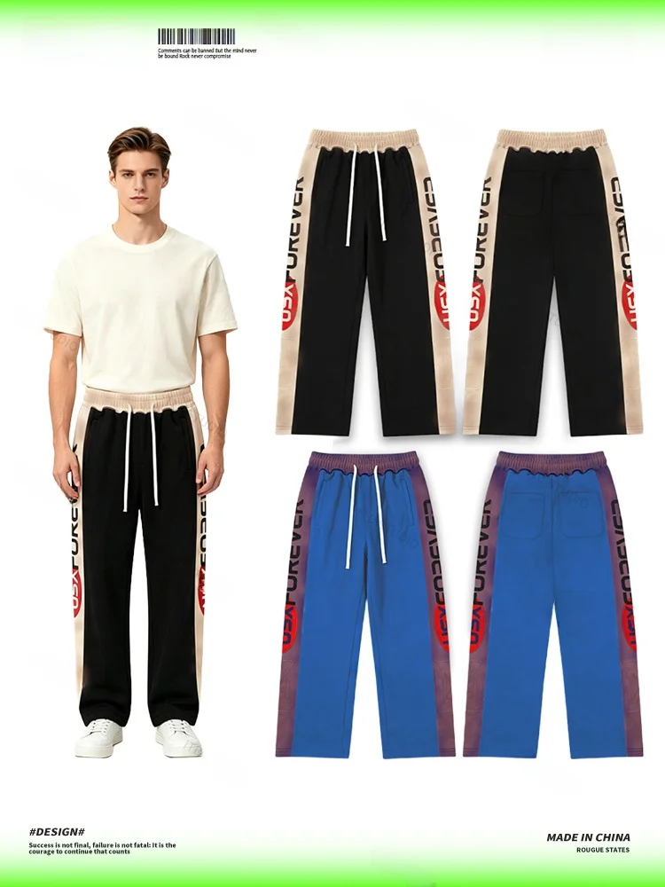 High Street Color Block Letter Print Casual Loose Men's Sweatpants Straight Leg Trousers Comfortable Cotton Drawstring Waist