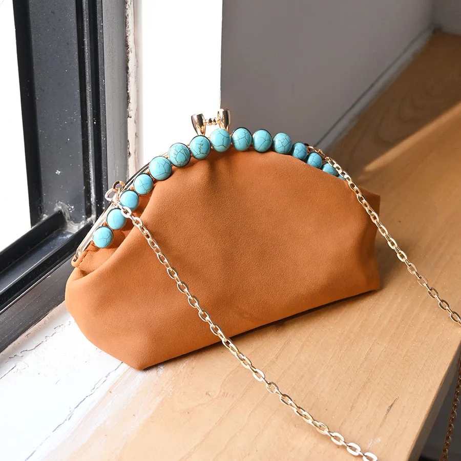 Vintage brown-tone gold bag, turquoise beads, ethnic exoticism, clutch messenger bag, chain, dinner bag.