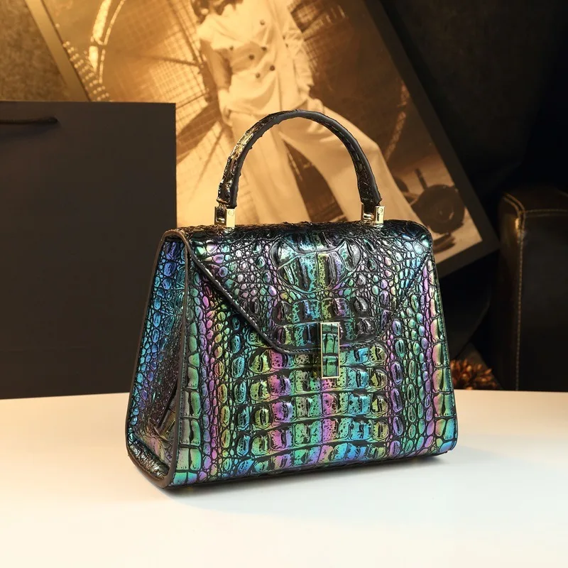 2026 New Atmospheric Crocodile Patterned Shiny Leather Women's Bag, Single Shoulder Crossbody Handbag