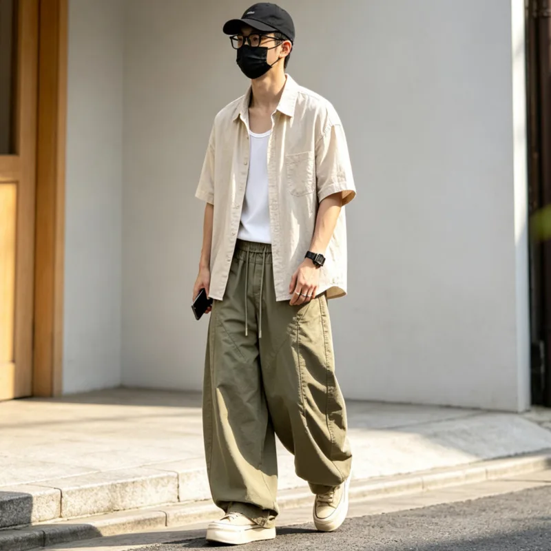 Cityboy Casual Pants for Men Japanese Tapered Wide Hip Hop Streetwear Cargo Trousers with Multi Pockets & Adjustable Drawstring