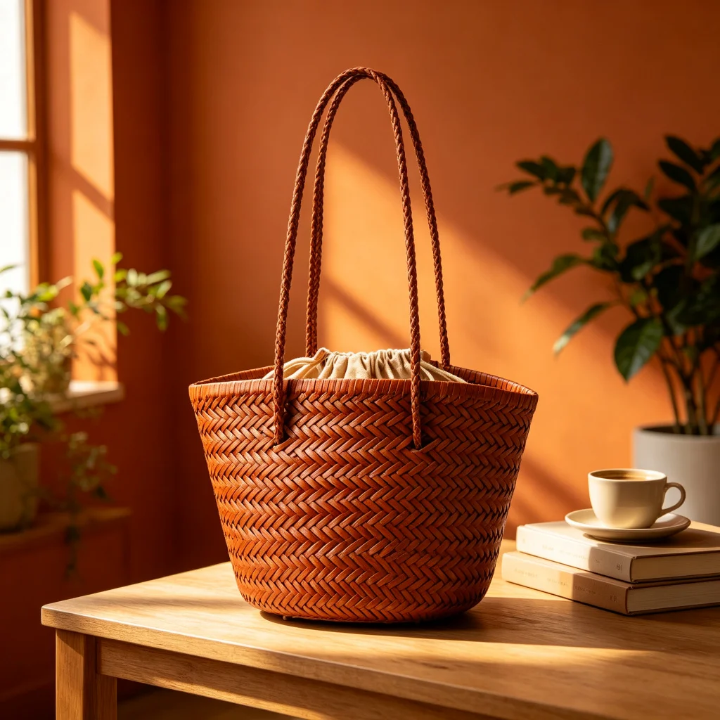 Genuine Leather Handmade Woven Bucket Bag Women French Vintage Basket Cowhide Shoulder Crossbody