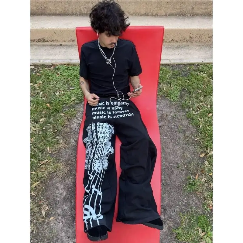 Men's Note Letter Printing Casual Pants Hip-hop Boys Wide Legs Sweatpants Retro Bottom Male High Waist Loose Trousers