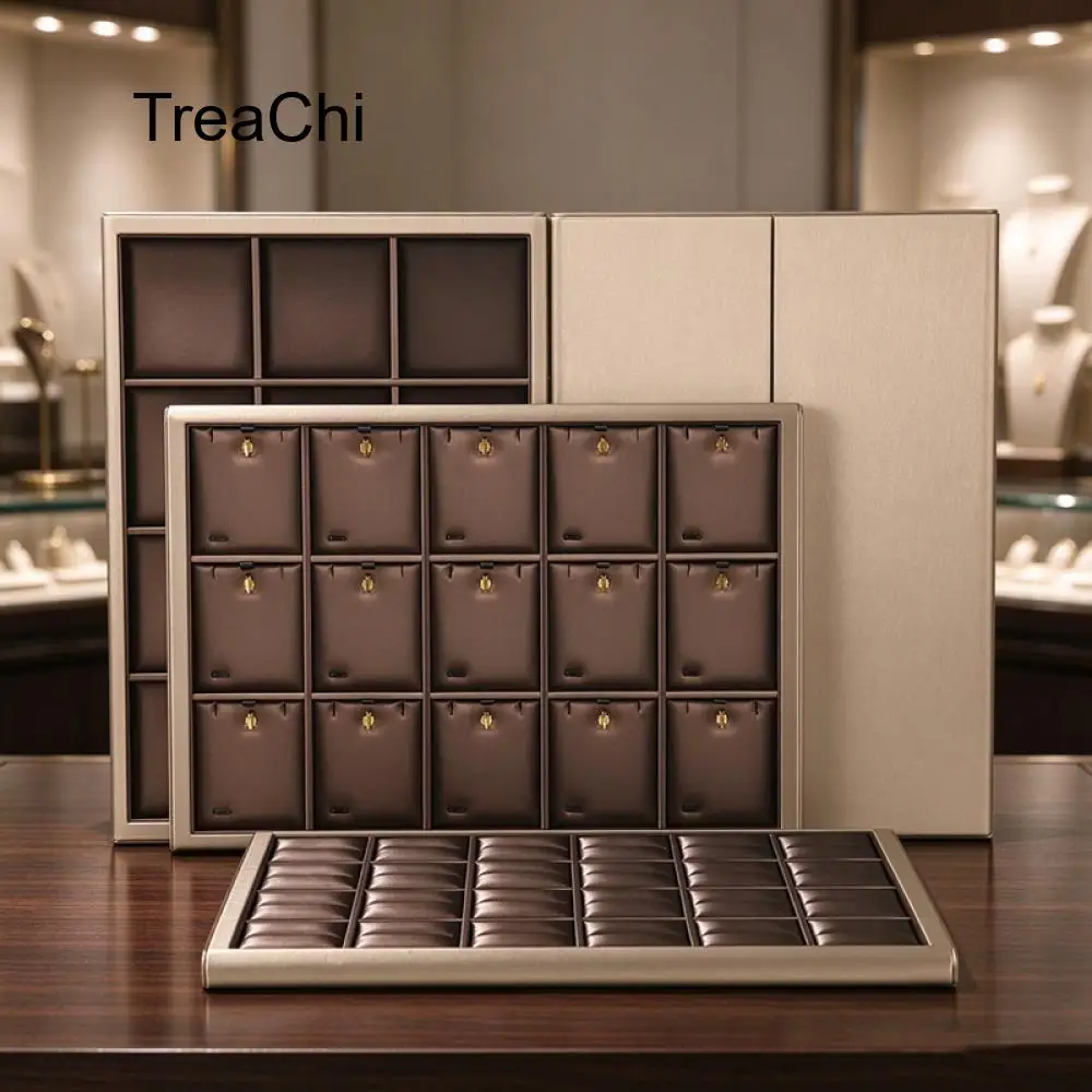 Affordable Luxury Coffee-Brown Brushed Leather Jewelry Tray for Jewelry Stores Ring Earring Necklace and Pendant Display Tray