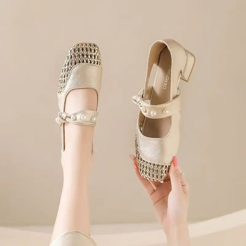 Vintage Inspired Womens Mary Jane Shoes with Woven Pearl Accents and Square Toe Design for 2026 Spring Collection Versatile