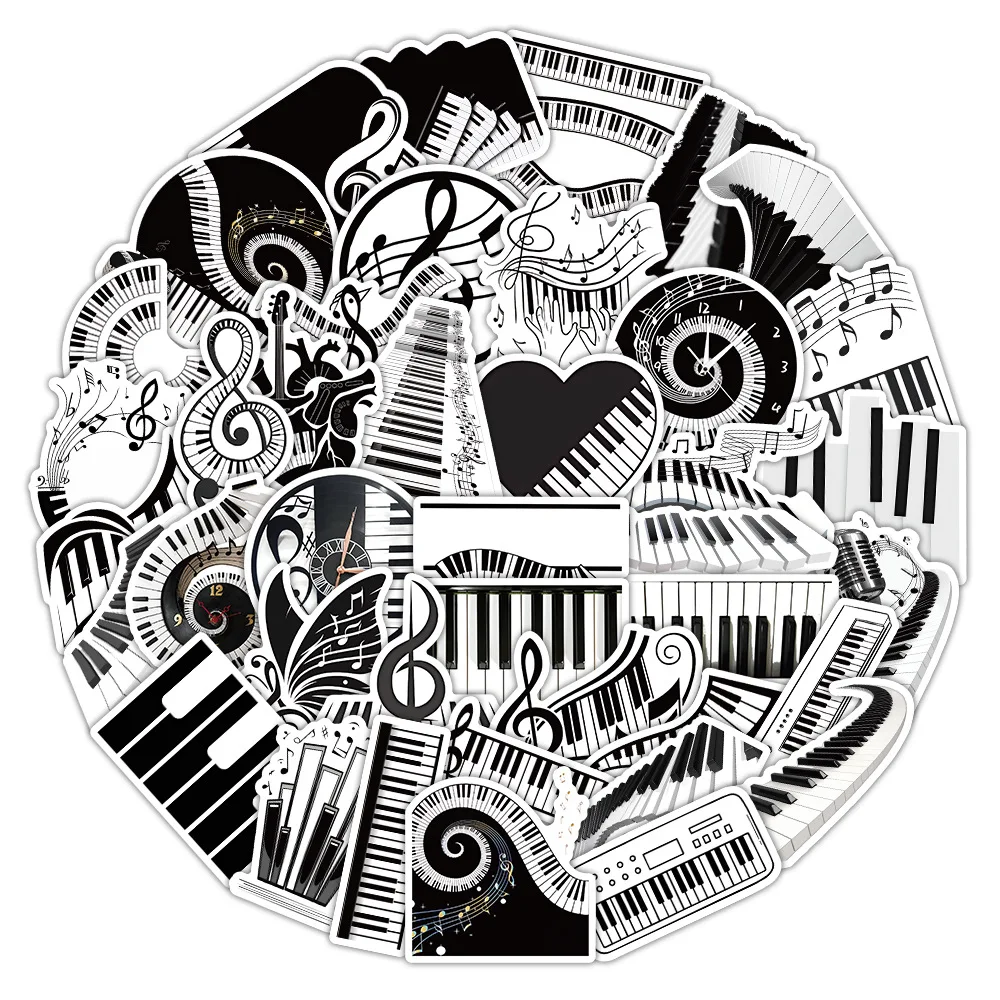 50PCS Black White Piano Key Stickers Cartoon Creative Graffiti Decoration Notebook Suitcase Guitar Refrigerator Phone Decals Toy