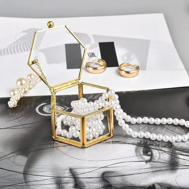 Hexagonal Ring Box Gold And Jewelry Accessory Box Golden Glass Luxurious And Retro Jewelry Storage Box