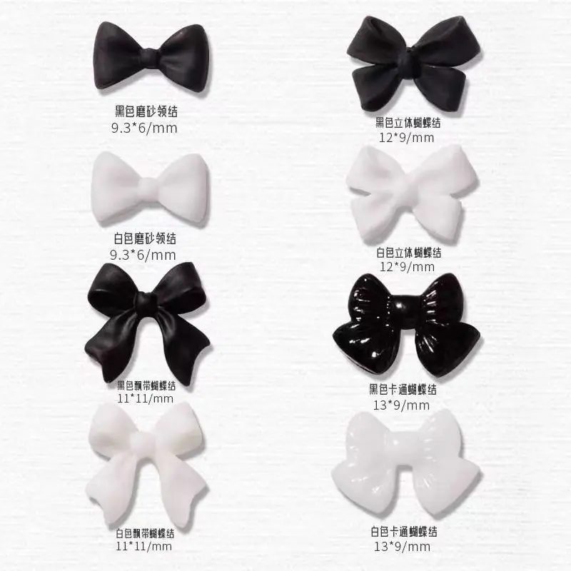 200pcs 3D Black White Bow Tie Resin Gem Nail Art Decorations Professional Manicure Jewelry Charms for Nail Art Parts Supplies