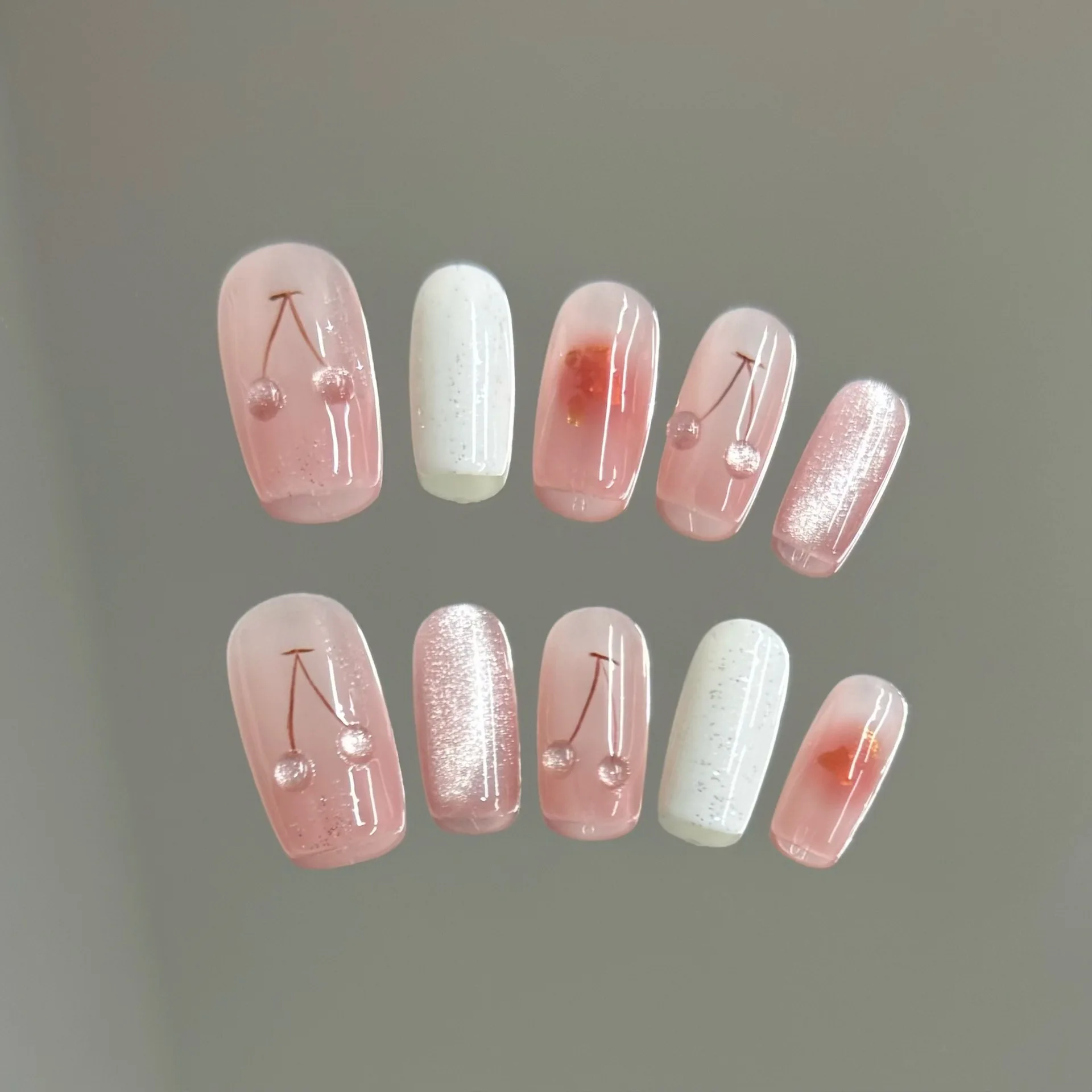 10pcs Pink Cat-Eye Handmade Nails Cherry Blossom Sweet Press on Nail Short Ladder Fake Nail for Women&Girl False Nail Art