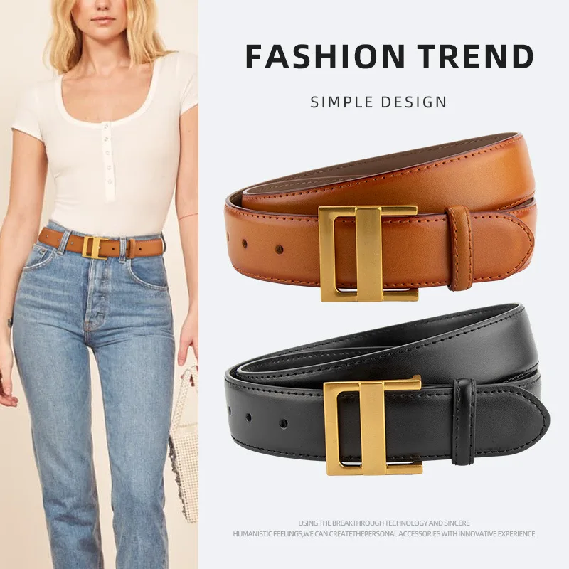New Leather Gold Smooth Buckle Women Waistband Belt Fashion Jeans Shorts Belt for Ladies