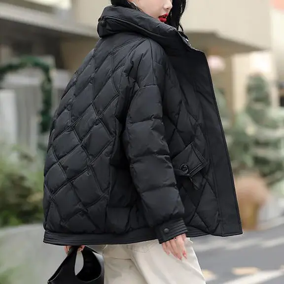 Winter New Stand Collar Women Down Jacket Korean Style Fashion Diamond Quilted White Duck Down Coat Loose Outwear