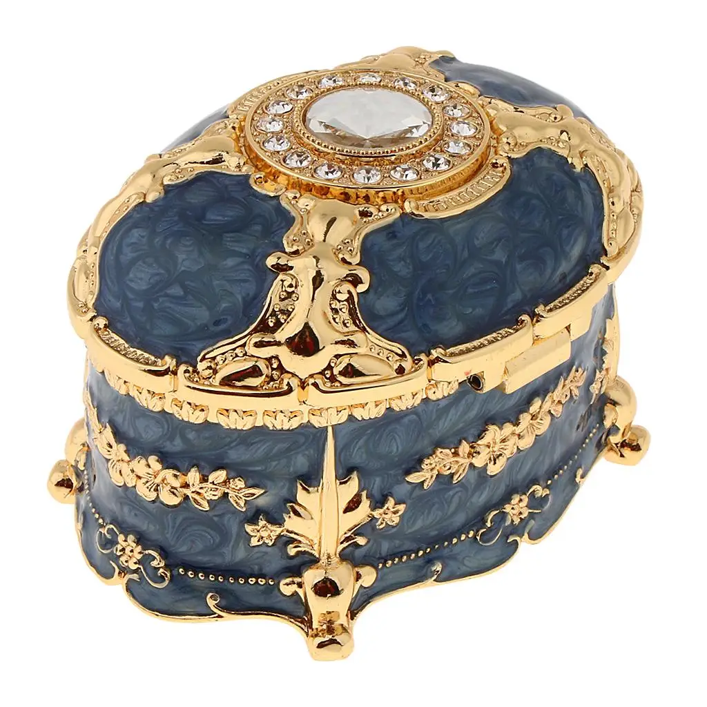 Jewelry Storage Case for Rings and Earrings Enamel Oval Box with Velvet Insert Vintage Style Blue