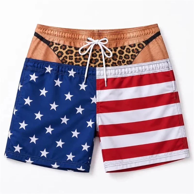 Fun Beach Swim Trunks Men 3D Print USA Flag Fake Skin Board Shorts Summer Fashion Viral Beach Shorts Boyfriend Husband Fun Gift