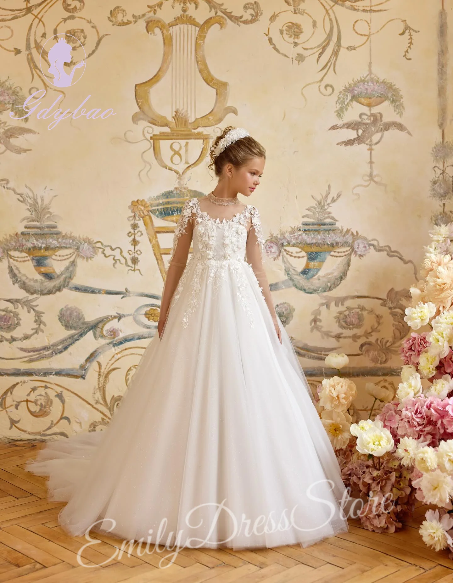Customized White Flower Girl Dress For Wedding Glitter Appliques Beading Peals Long Sleeve Kids Birthday First Communion Gown