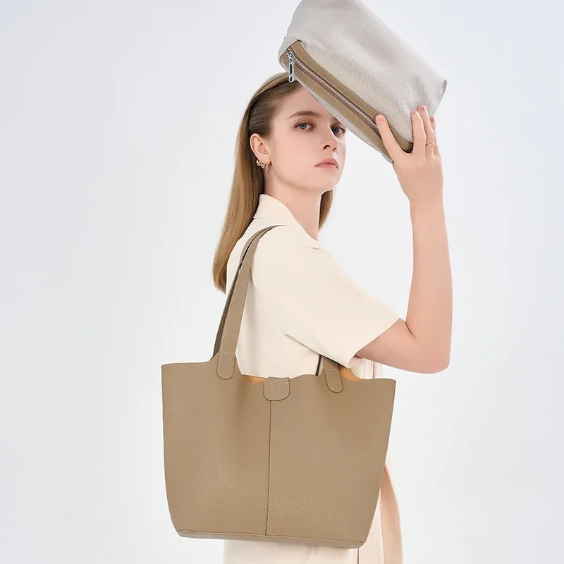 Women's Retro Cowhide Large Capacity Fashion Shoulder Bag Ladies Cow Split Leather Bags Female Commuting Work Handbags for Lady