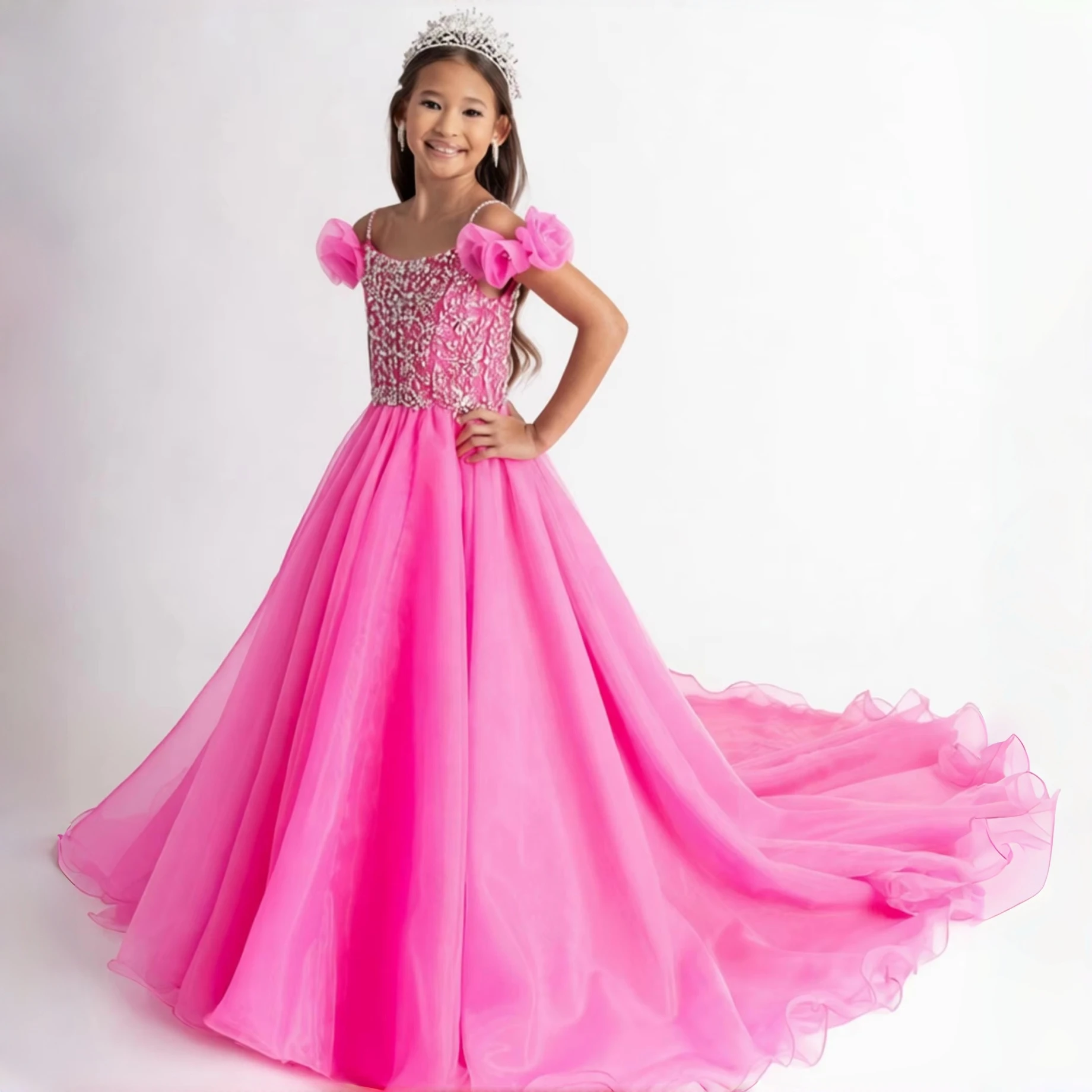Luxury Kids Off Shoulder 3D Flower Tulle Train Pageant Dress Crystal Beaded Bodice Flower Girl Dress For Wedding Birthday Party