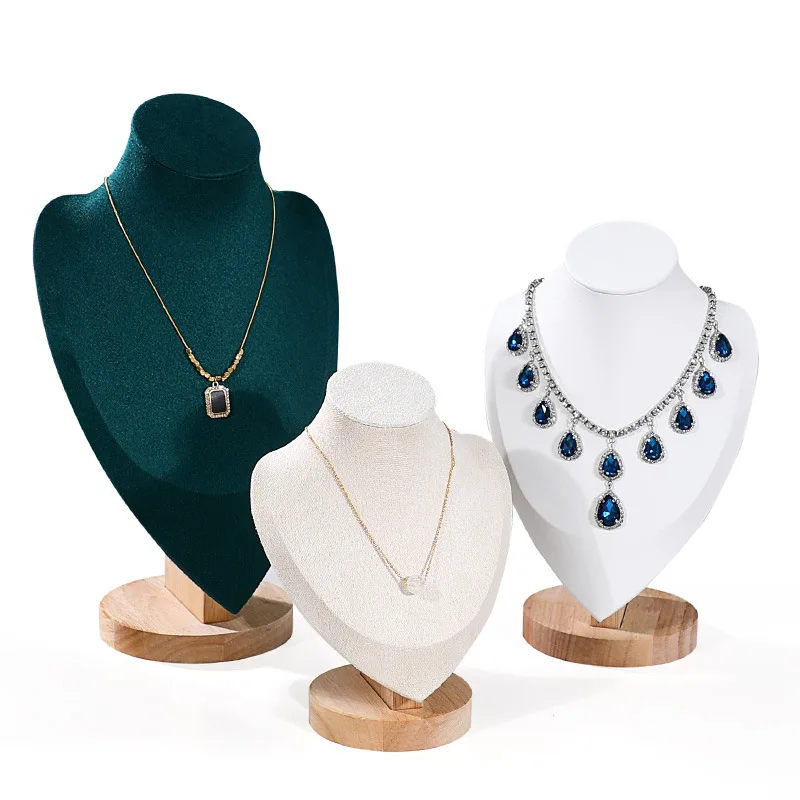 Velvet Wooden Mannequin Bust Necklace Display Stand Portrait Jewelry Pendant Rack Holder Counter Display Props