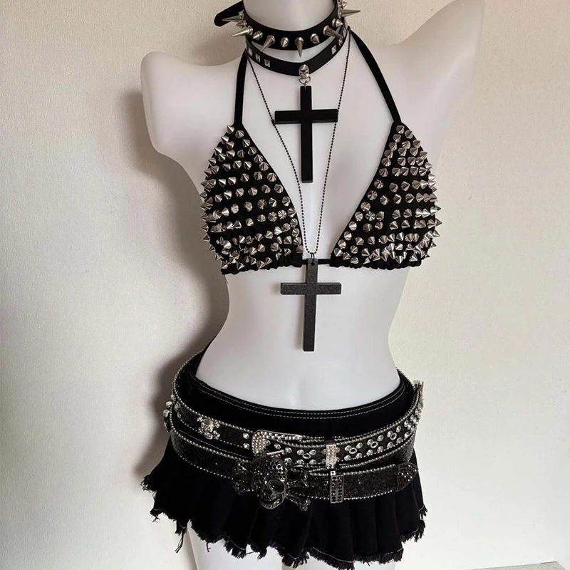Halter Triangle Sexy Sling Decorative Rivets Hot Girl Short Slim Fit Niche Design Street Punk Bikini Ins Style