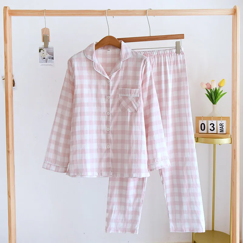 Womens 2-Piece Pajama Set - Japanese Minimalist Plaid Sleepwear, Cotton Gauze Lightweight & Breathable, Spring Summer Home Loun