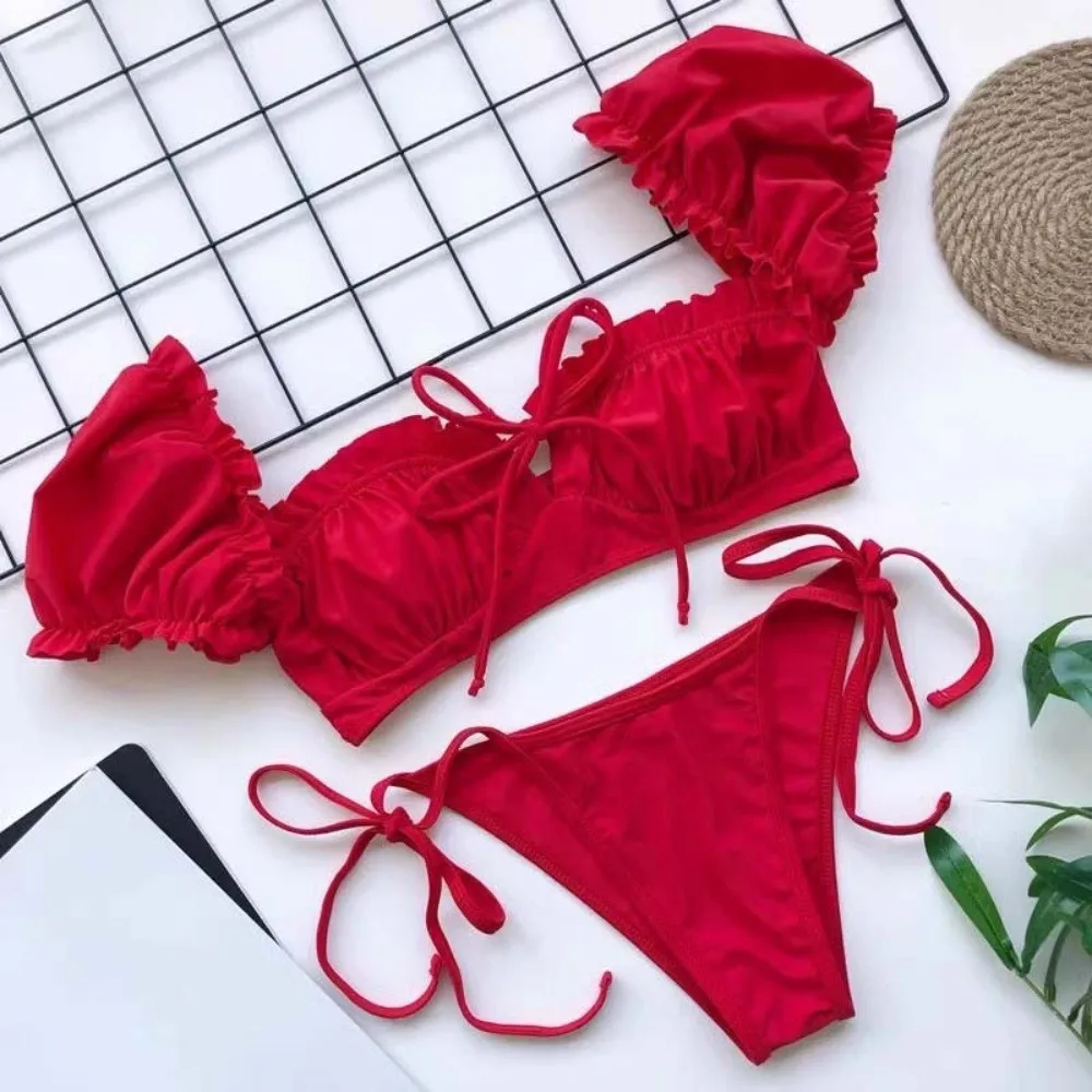 3Pcs Fashion Ruffle Three Pieces Bikini Suit with Flower Hair Clip Slim Fit Swimwear Set Summer Y2k Beachwear Clothing Vacation