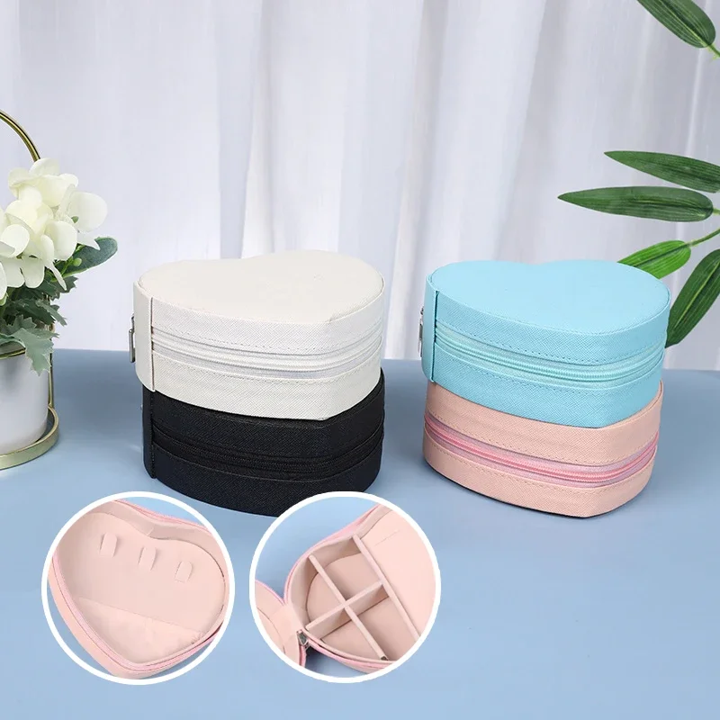 2025 Heart-Shaped Jewelry Box Portable Travel Necklace Pendant Ring Earrings Storage Leather Zipper Cute Jewelry Organizer Box