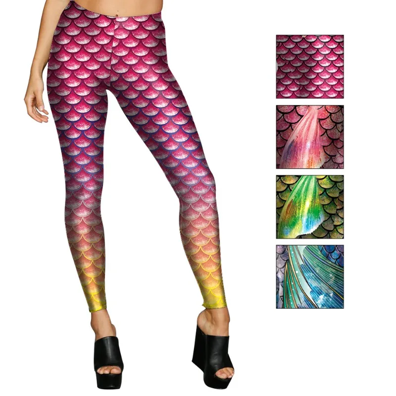 Women Shiny Mermaid Fish Scale Printed Leggings High Waist Elastic Slim Fit Halloween Cosplay Costume Pants