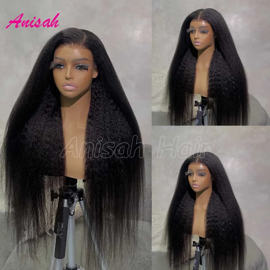 Raw Human Hair Yaki Straight Lace Front Wig  Coarse Yaki Lace Closure Glueless Kinky Straight Wigs Pre Plucked Hairline
