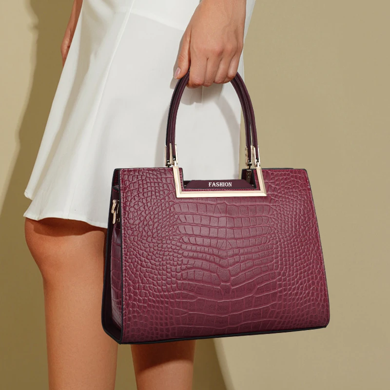 Aidrani Croc Embossed Cowhide Handbag, Women Metal Frame Multi Pocket Work Shoulder Bag with Detachable Cross Strap