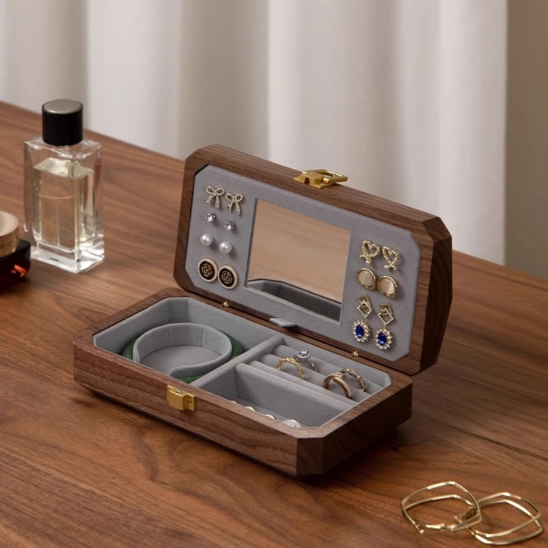 Walnut Wood Jewelry Box Mirror Luxury Storage Boxes Earring Bracelet Necklac Retro Display Case Jewellery Organizer Supplies