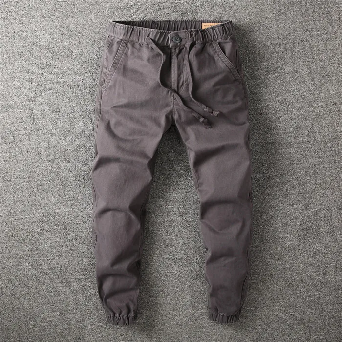Spring New American Retro Twill Cargo Anke-tied Pants Men's Pure Cotton Washed Drawstring Casual Straight Ankle-Length Trousers