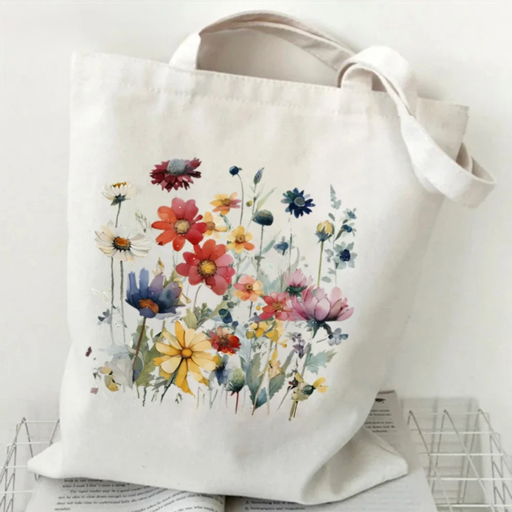 Watercolor Wildflower Print Canvas Tote Bag, Reusable Grocery Bag, Ideal Gift for Everyday Carry, Casual Shopping & School